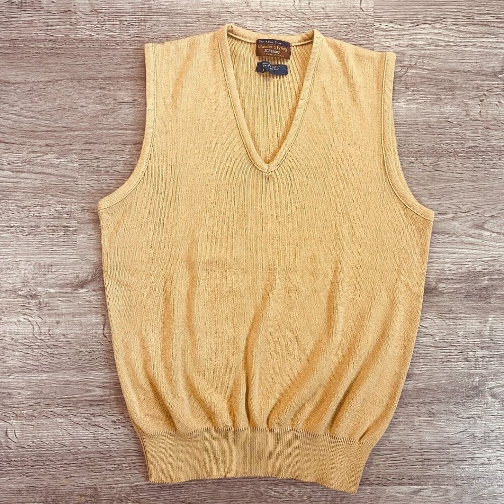 VTG Retro 70s The Men's Shop Classic Styling JCPenney Tan Knit V-Neck Vest Sz Md